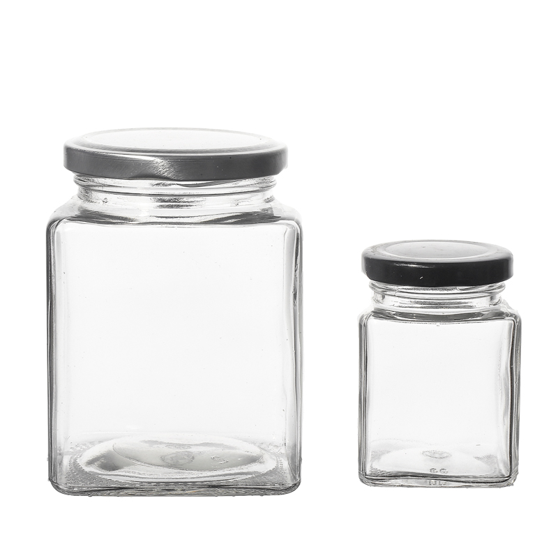 Jamada de vidrio vacío cuadrado tarros de miel venta caliente venta contenedor