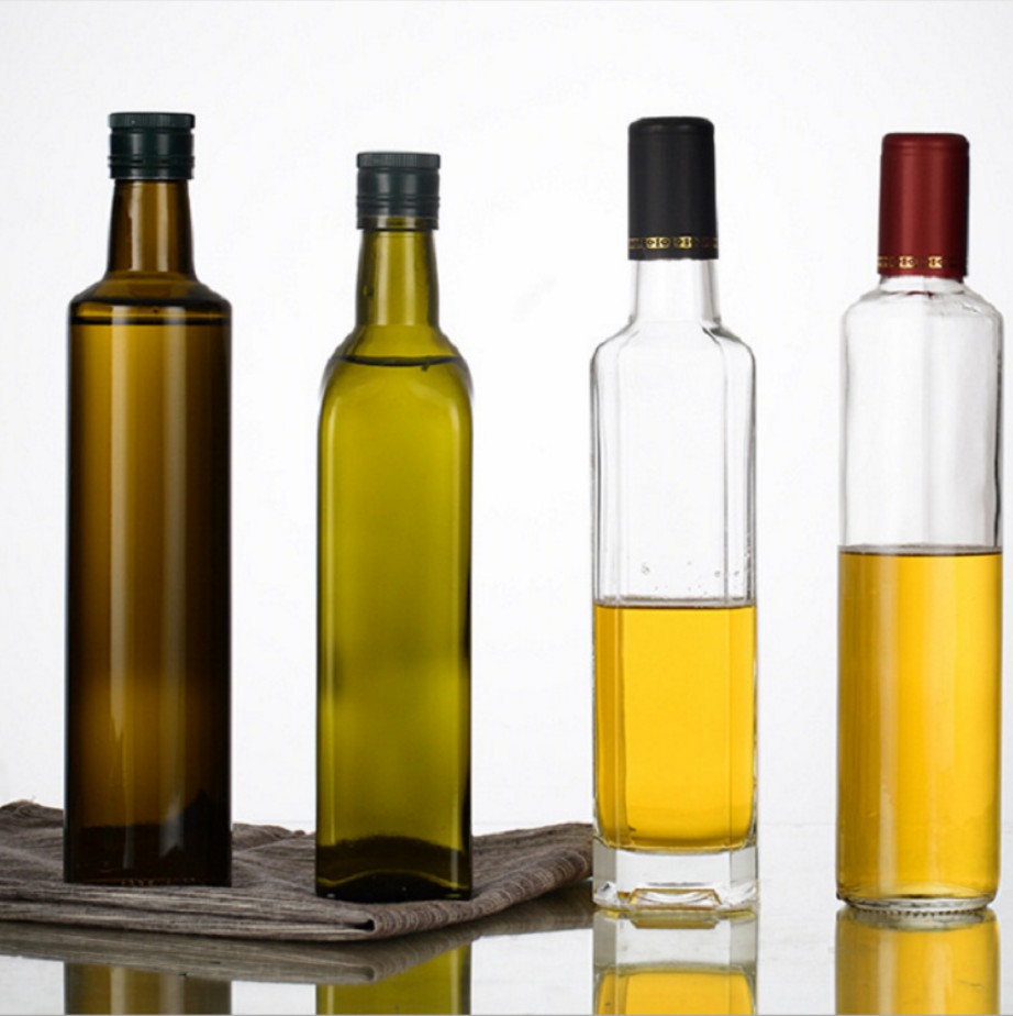 Botellas de aceite de oliva de cristal claras cuadradas redondas del pedernal 500ml con el logotipo de encargo
